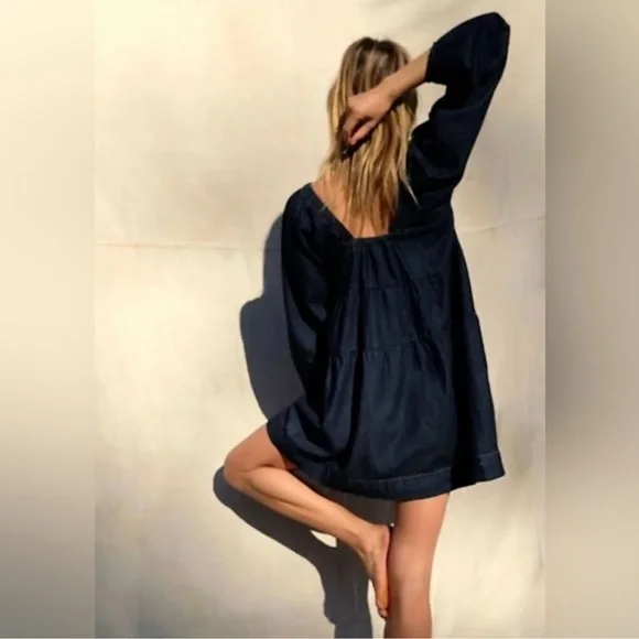 Free People Dark Denim Blue Babydoll Mini Dress - Picture 4 of 7